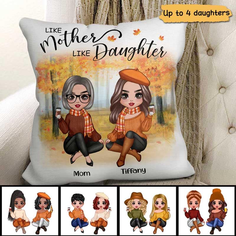 Fall Season Doll Like Mother Like Daughters Sitting Personalized Pillow (Insert Included)