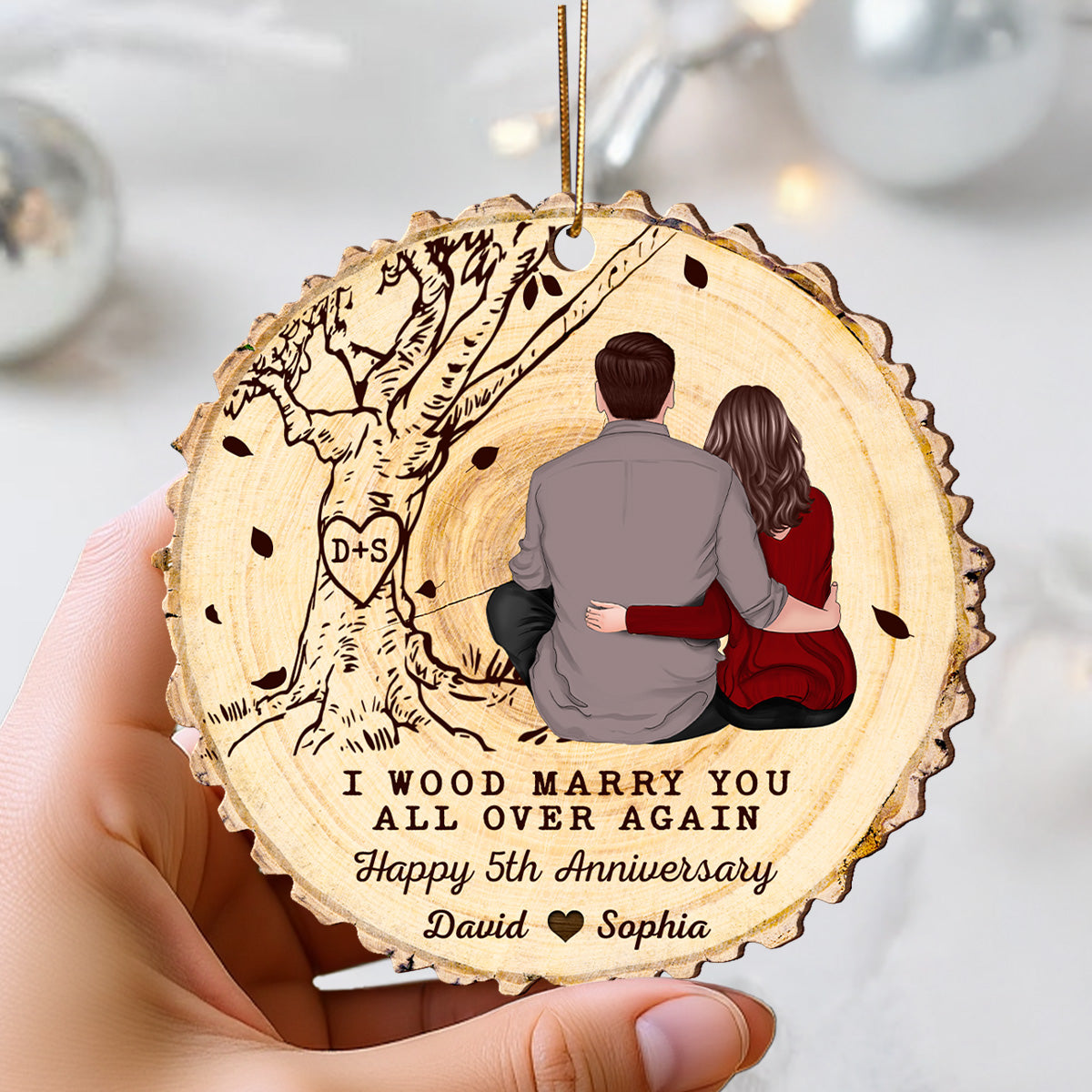 I Wood Marry You All Over Again Couple Sitting Back View Personalized Wooden Ornament, Anniversary Gift For Him, Gift For Her