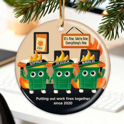 3D Effect Dumpster Fires In Office Scene - Personalized Ceramic Ornament - Funny Gift For Colleagues, Work Besties