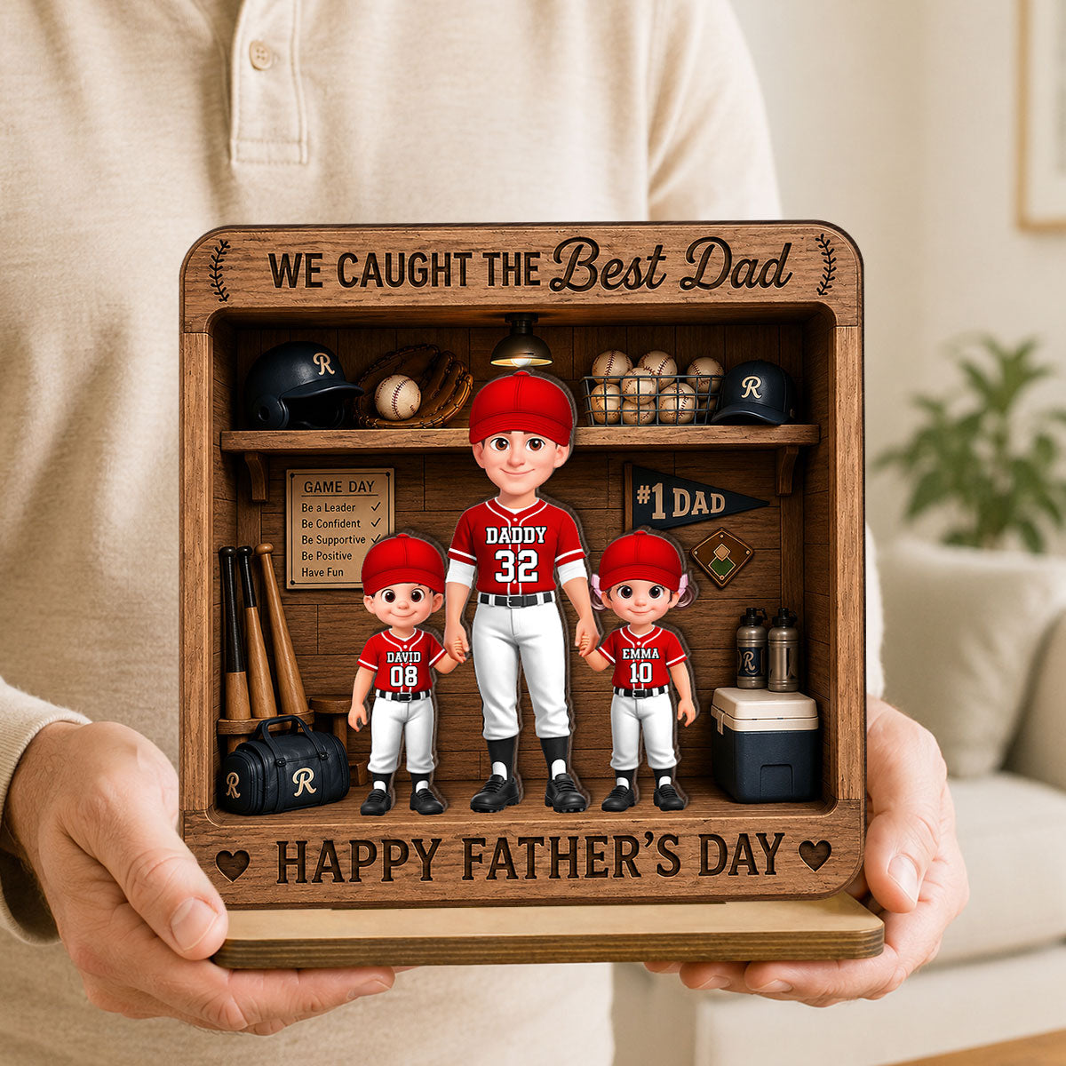Baseball Dad & Kids Locker Room - Personalized 2-Layered Wooden Plaque - Father's Day Gift For Dad, Husband