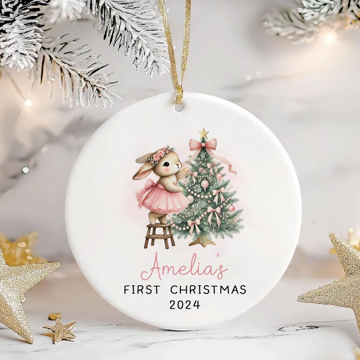 Baby's First Christmas Rabbit Personalized Circle Ceramic Ornament, Baby Girl Name Baby Shower Gift Keepsake