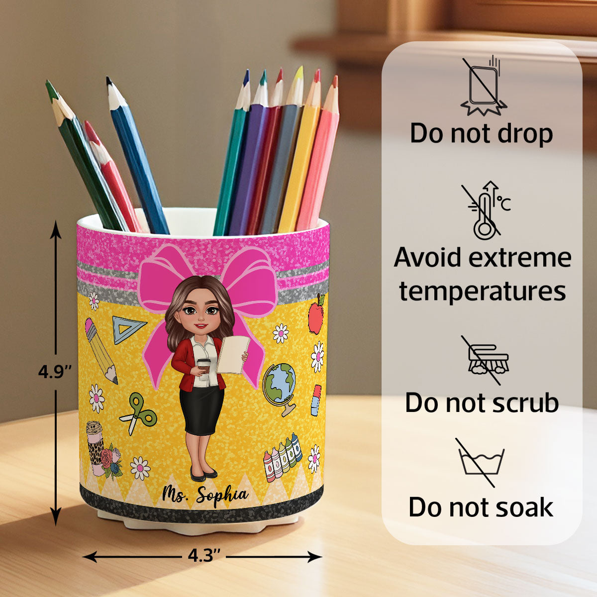 Glitter Coquette Pattern Personalized Rotating Pen Holder, Teacher Appreciation Gift, Back To School Gift