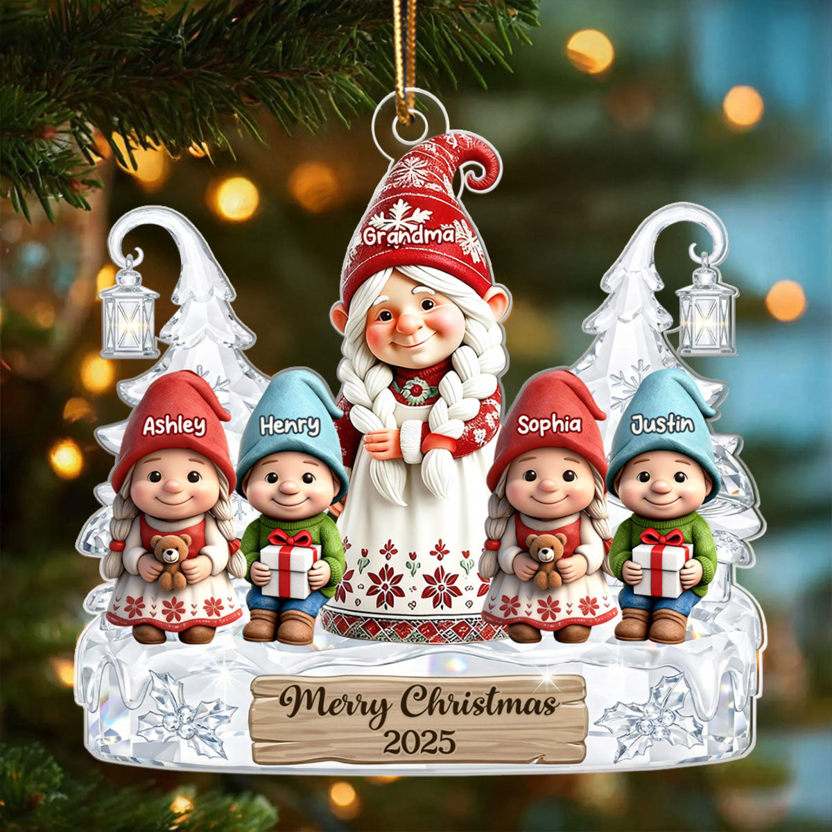 Gnome Grandma And Grandkids Pattern Crystal - Personalized Acrylic Ornament - Heartwarming Christmas Gift For Grandma, Family