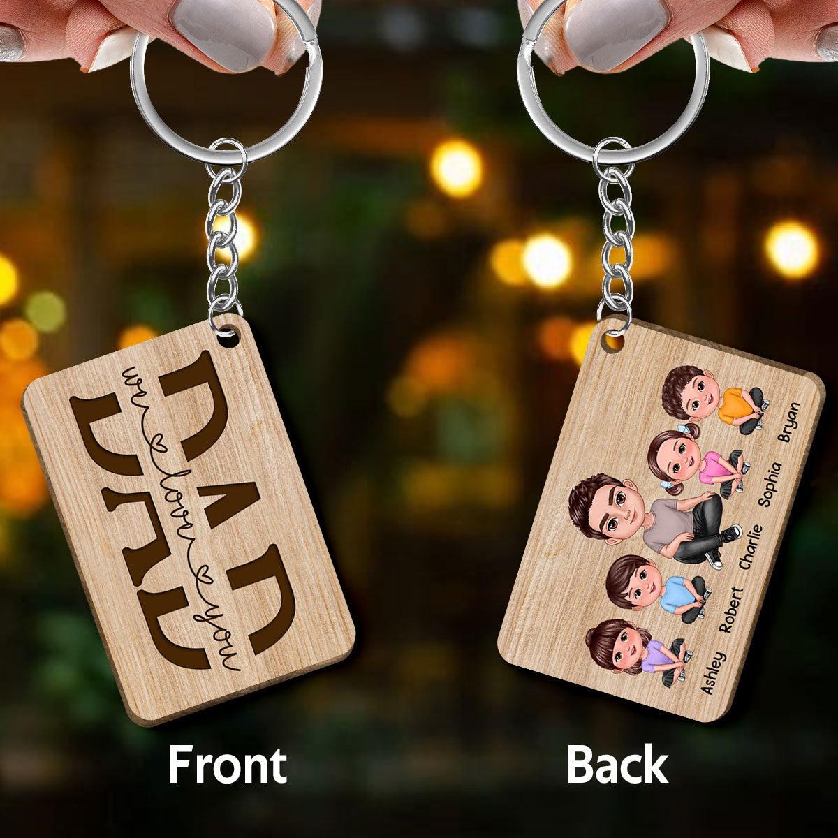Best Dad Ever Doll Sitting Man & Kids Personalized Wooden Keychain