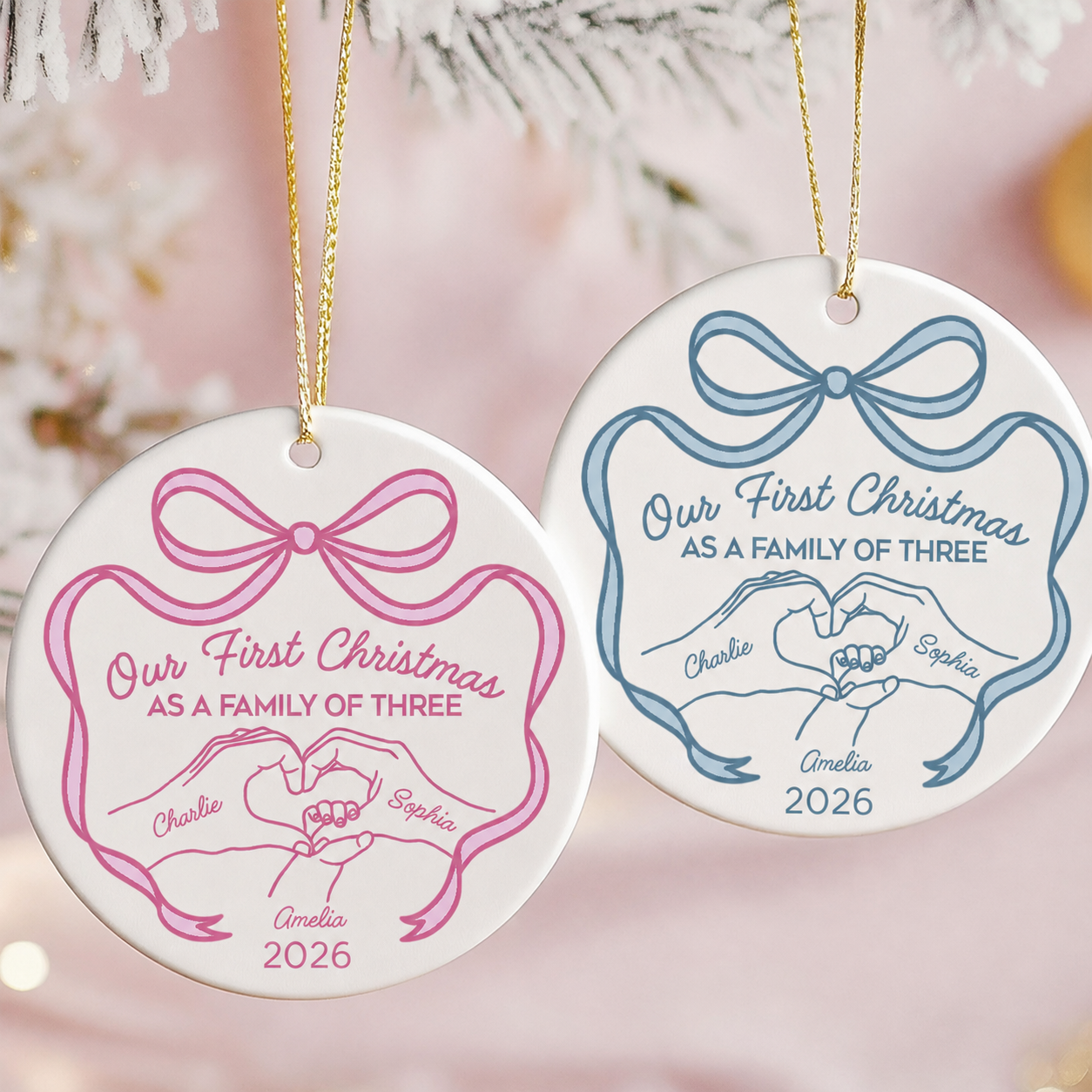 Family Heart Hand First Christmas As Family Of Three Christmas Personalized Ceramic Ornament
