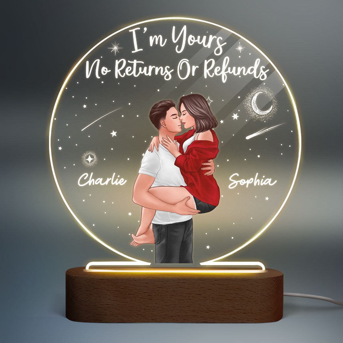 Galaxy Man Holding Woman Kissing Couple Personalized Circle Acrylic Plaque LED Night Light