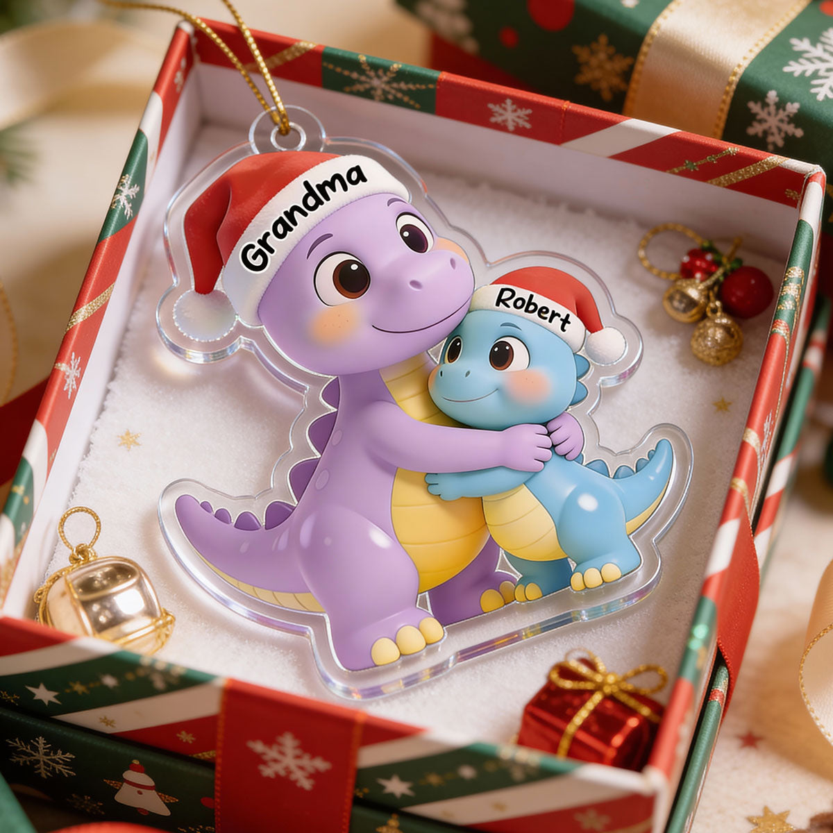 3D Effect Heartwarming Happy Grandmasaurus With Dinosaur Grandkid - Personalized Acrylic Car Hanger - Gift For Grandkids