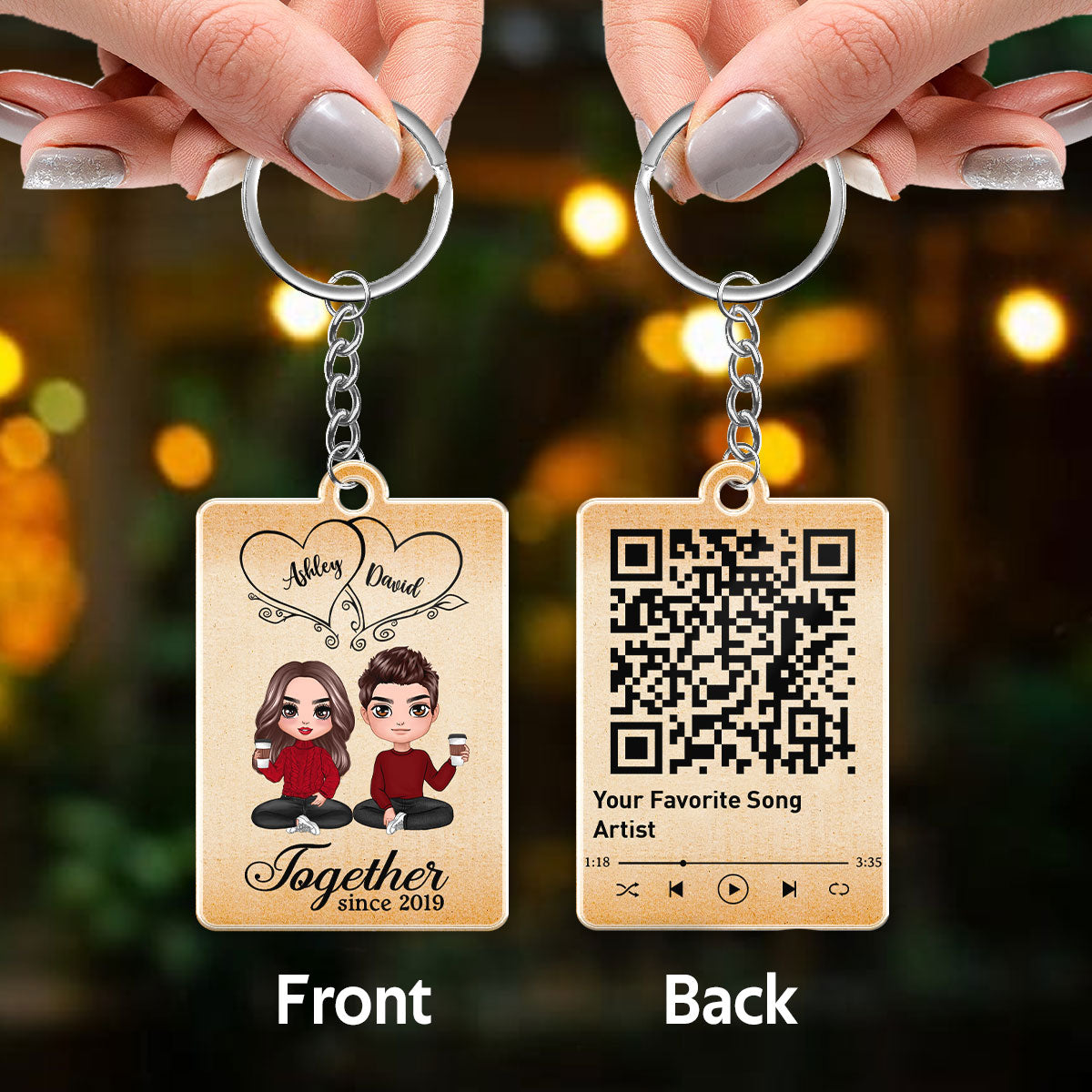 Hearts Doll Couple Sitting Favorite Song Scannable QR Code Personalized Acrylic Keychain