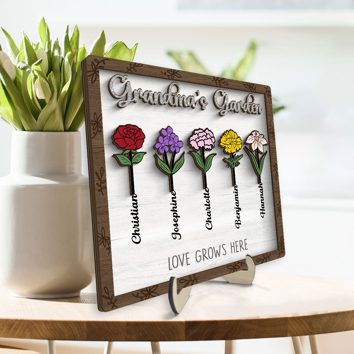 Grandma's Garden Birth Month Flower Personalized 2-Layer Wooden Plaque