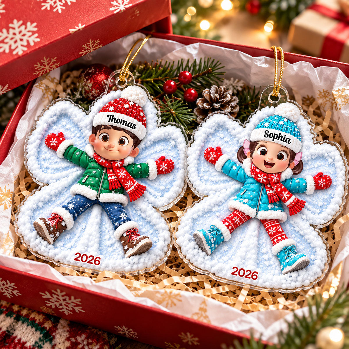 Snow Angel Cute Boy Girl Making Snow2D Flat - Personalized Acrylic Ornament - Christmas Gift for Daughter Son Granddaugter Grandson