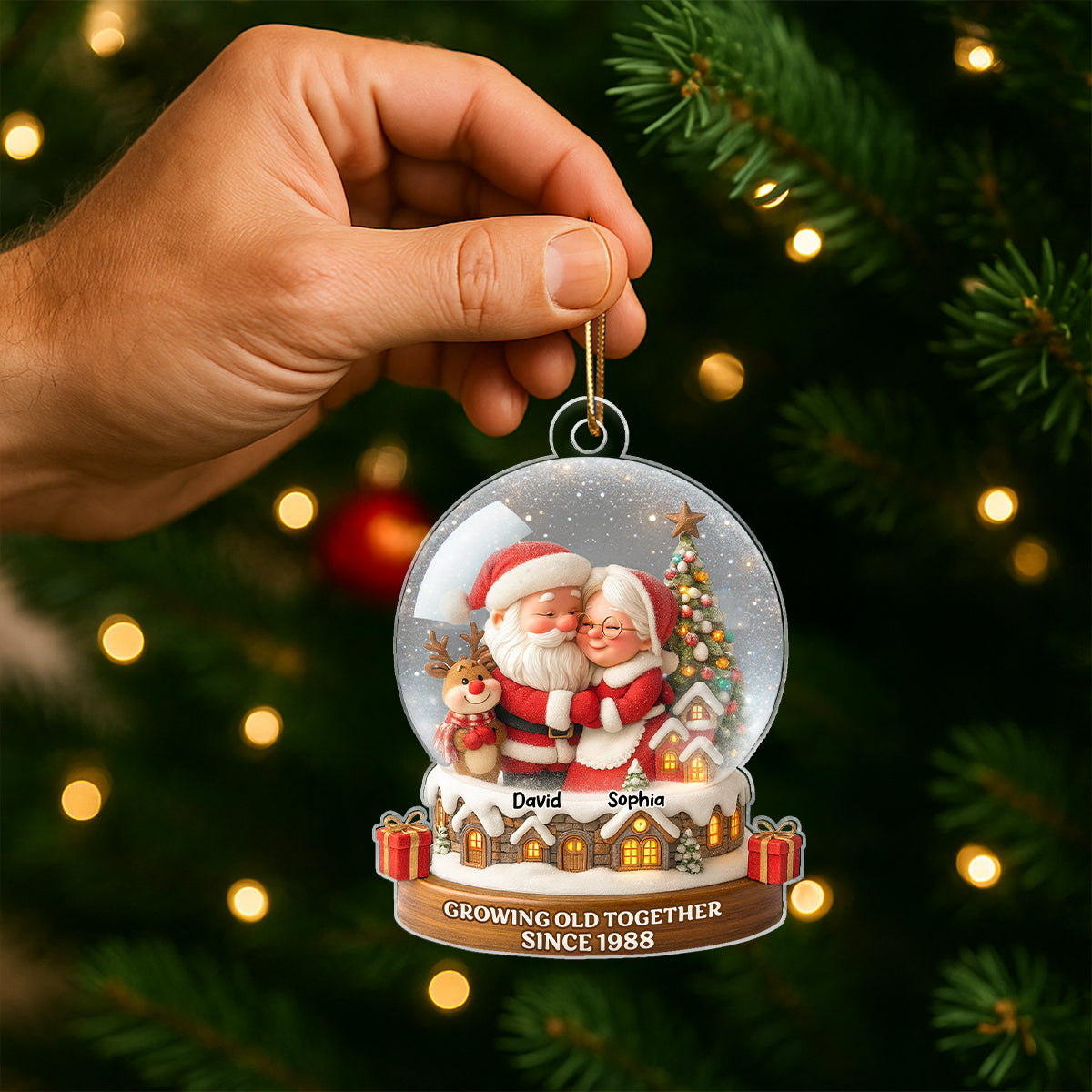 Snow Globe Santa Couple Growing Old Together Personalized Acrylic Ornament, 3D Effect, Christmas Gift for him, Gift for her