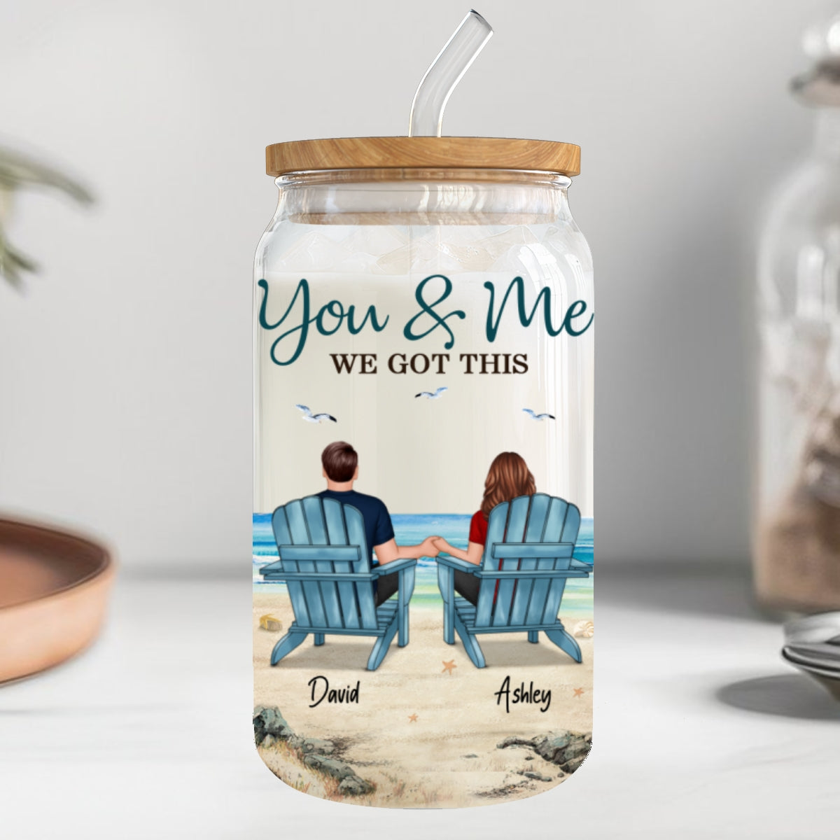 Back View Couple Sitting Beach Landscape Personalized Clear Glass Can