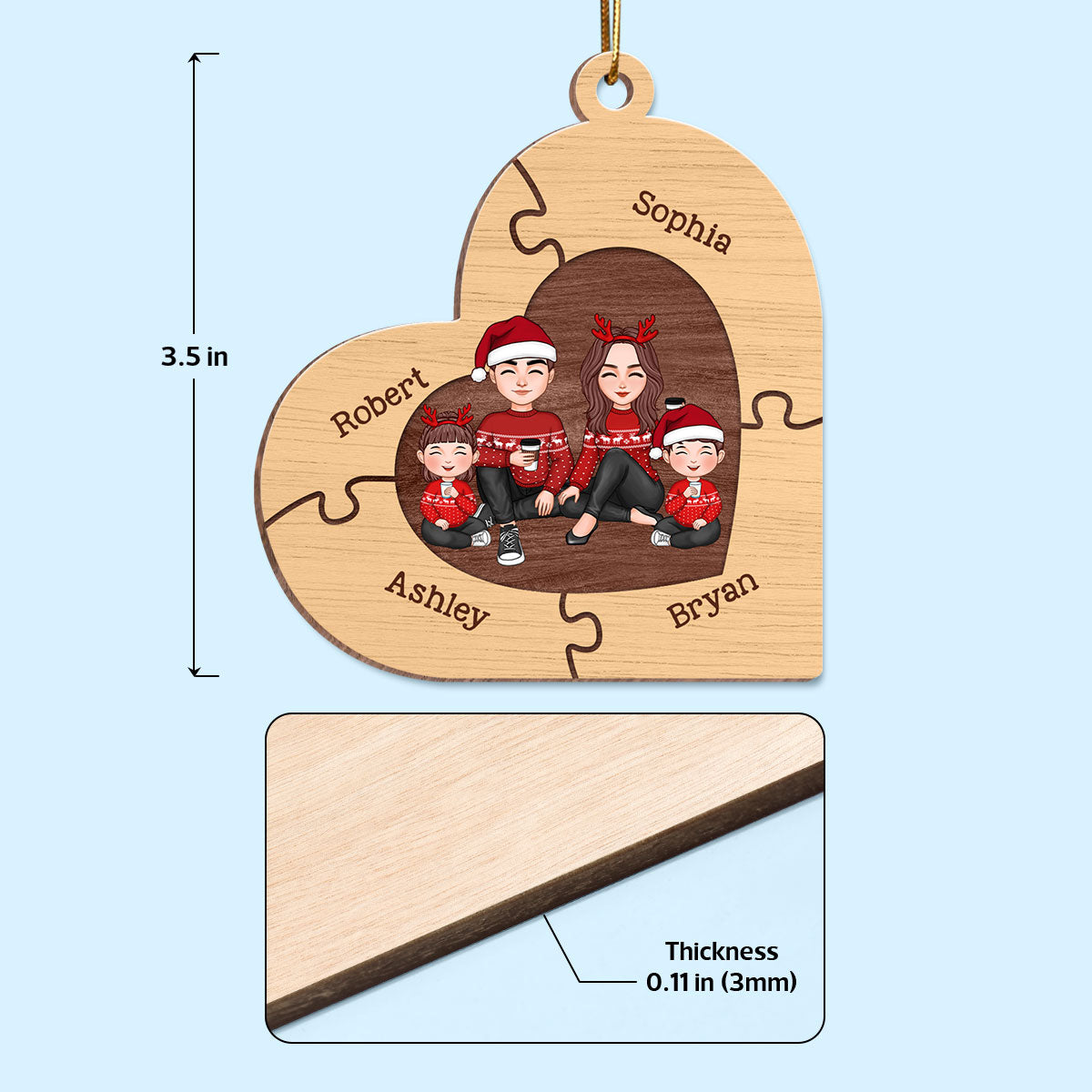 Christmas Cute Doll Family Sitting Heart Puzzles Personlized Wooden Ornament