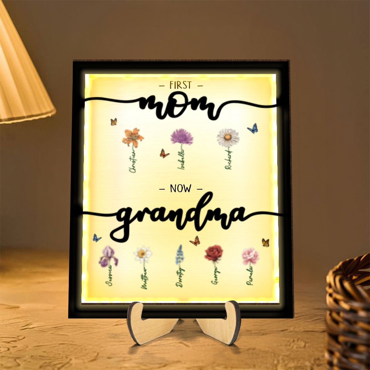 First Mom Now Grandma Birth Month Flowers Personalized 2-Layer Wooden Plaque With LED, Gift for Mom, Grandma, for Mother's Day