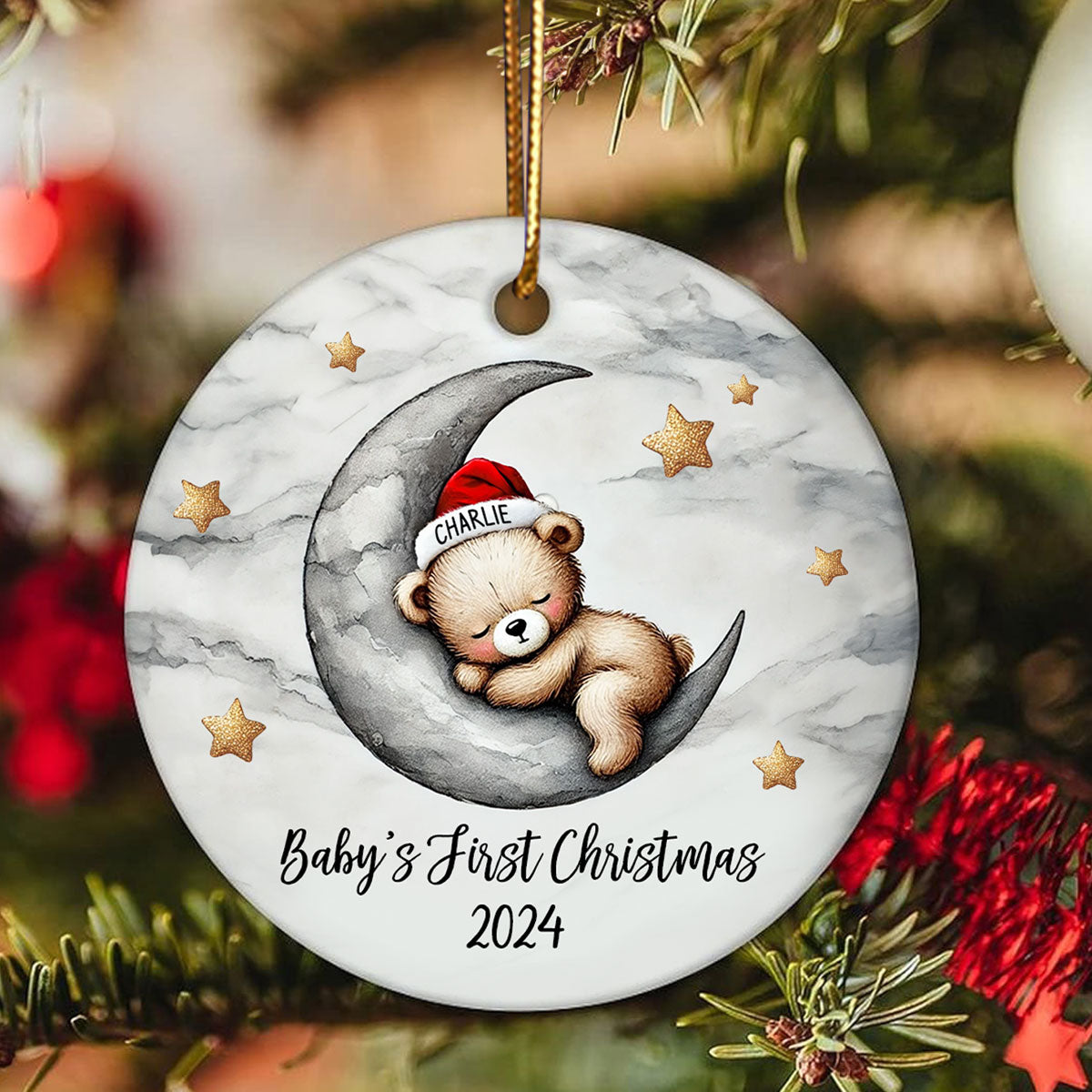 Baby Bear On The Moon, Baby's First Christmas Personalized Ceramic Ornament, Christmas Keepsake for Baby Boy, Baby Girl