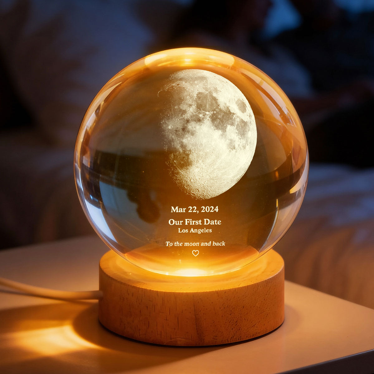 Couple Love to the Moon and Back Moon Phase by Date - Personalized Crystal Ball LED Night Light - Sentimental Valentine's Day Gift for Her, for Him