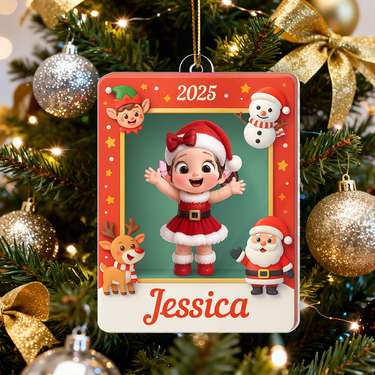 Cute Little Santa Kid in Christmas Box - Personalized Acrylic Ornament - Christmas Gift for Kid, Grandkids