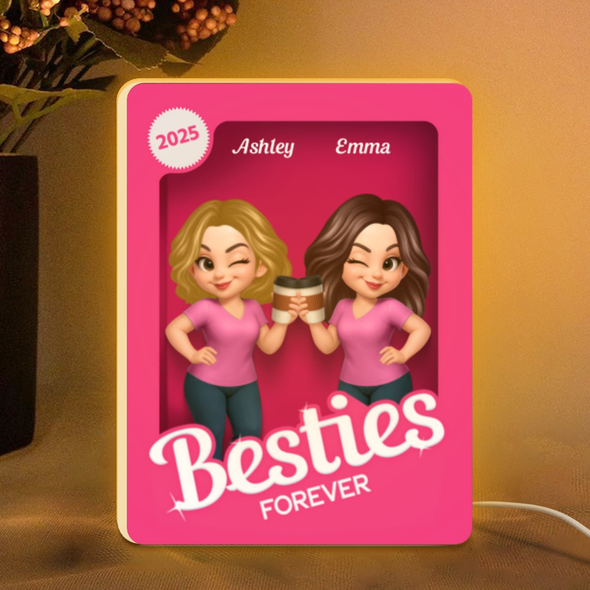 Besties Partners In Crime Pink Action Figure 3D Effect Personalized Light Box