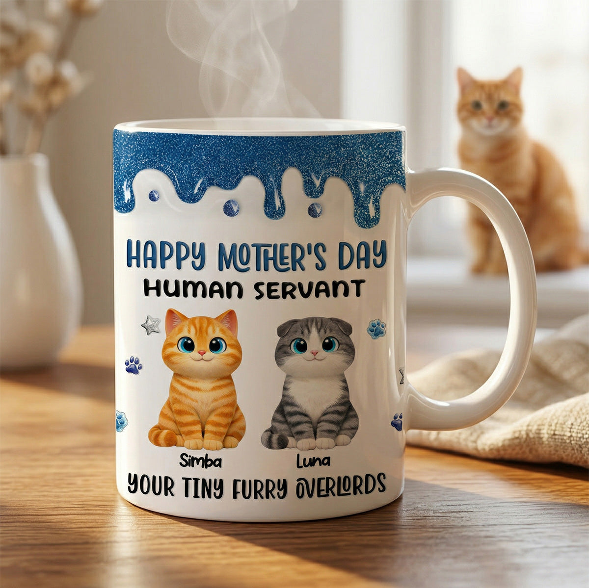 Adorable Cats Happy Mother's Day Human Servant 2D Flat - Personalized Mug - Funny Mother's Day Gift For Cat Mom, Cat Lovers