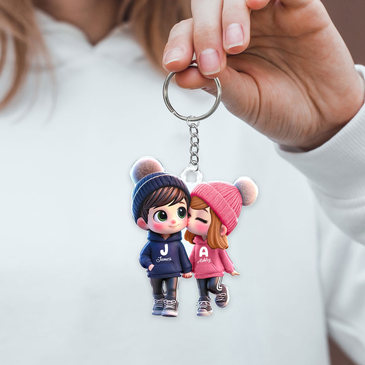 3D Effect Cute Cartoon Couple Walking - Personalized Acrylic Keychain - Unique Valentine's Day Gift For Him, Gift For Her