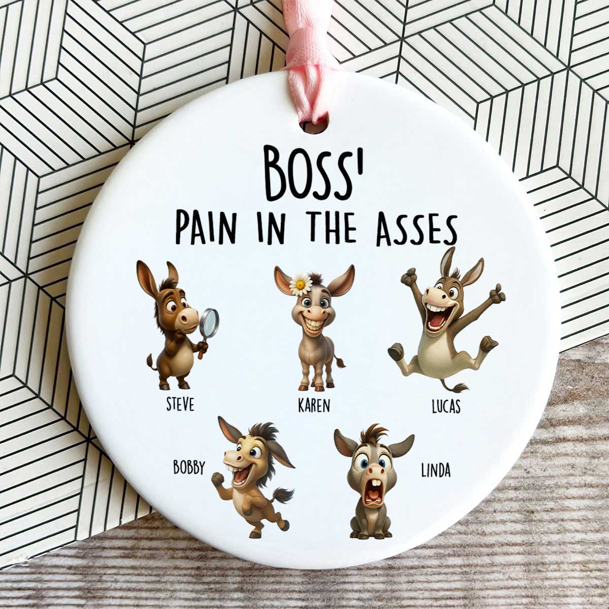 Boss Pain in the Asses, Funny Donkey Office Decoration - Personalized Ceramic Ornament - Custom Employee Gift Exchange, White Elephant Gift