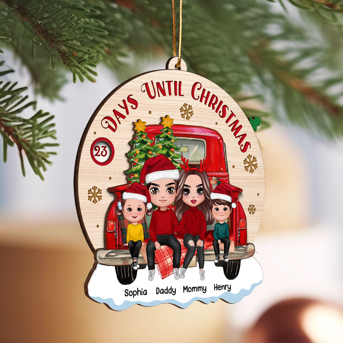 Family Couple On Christmas Truck Personalized Wooden Countdown Ornament