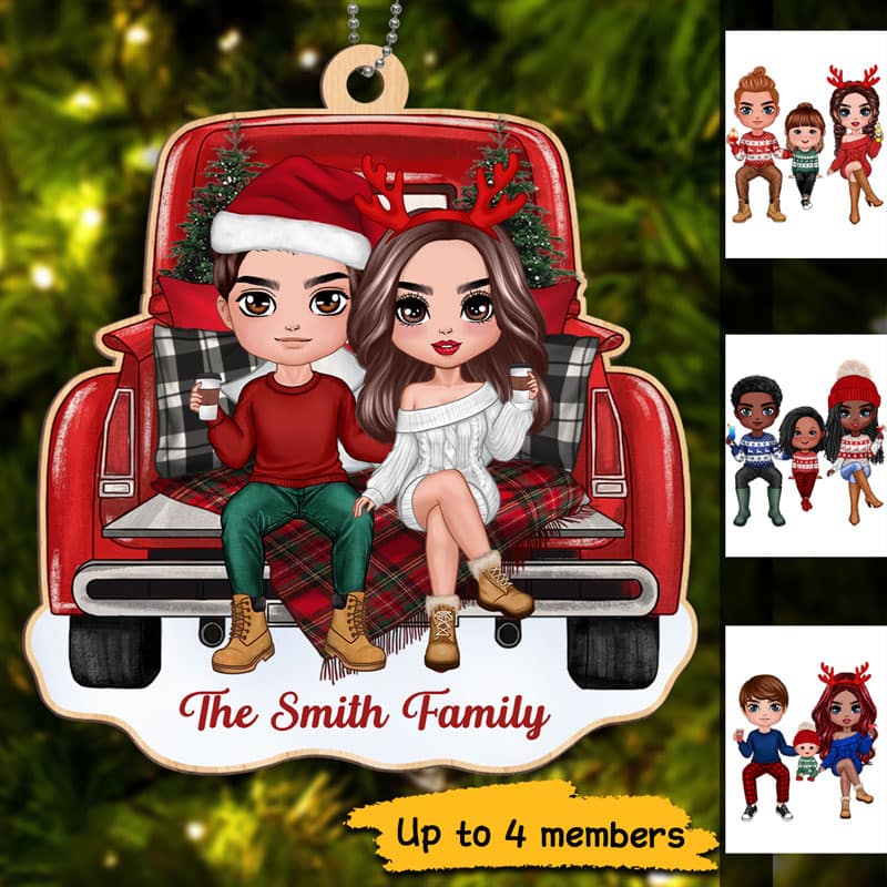 Christmas Doll Family Red Truck Back View Personalized Wooden Ornament