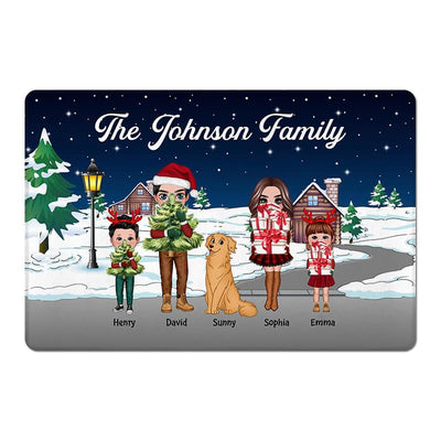 Doll Family Holding Christmas Things Personalized Doormat