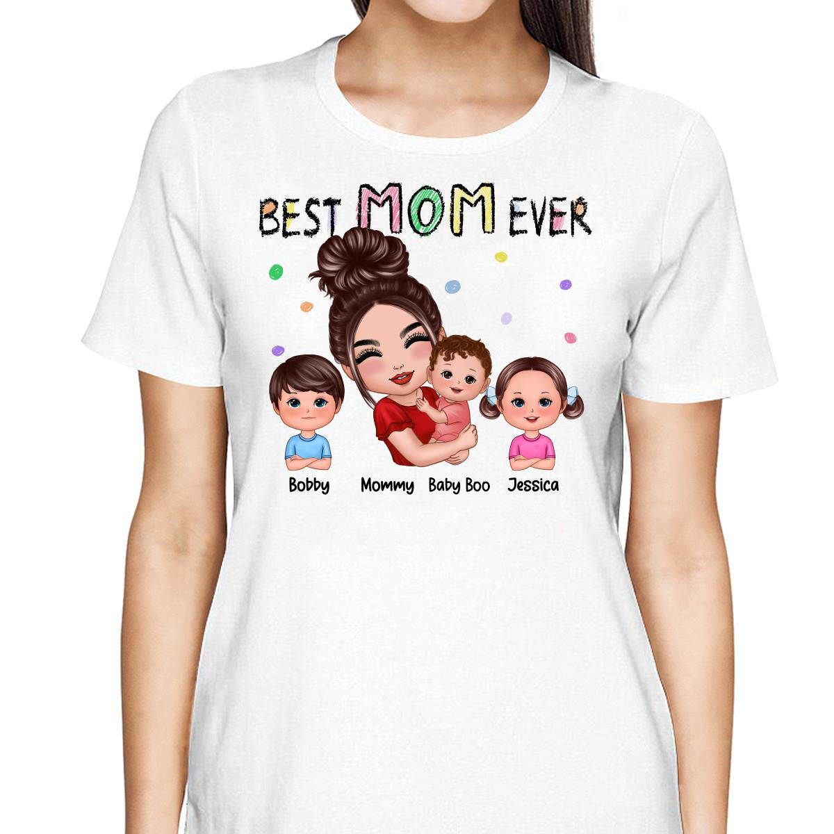 Doll Mom Hugging Kids Best Mom Ever Crayon Text Personalized Shirt