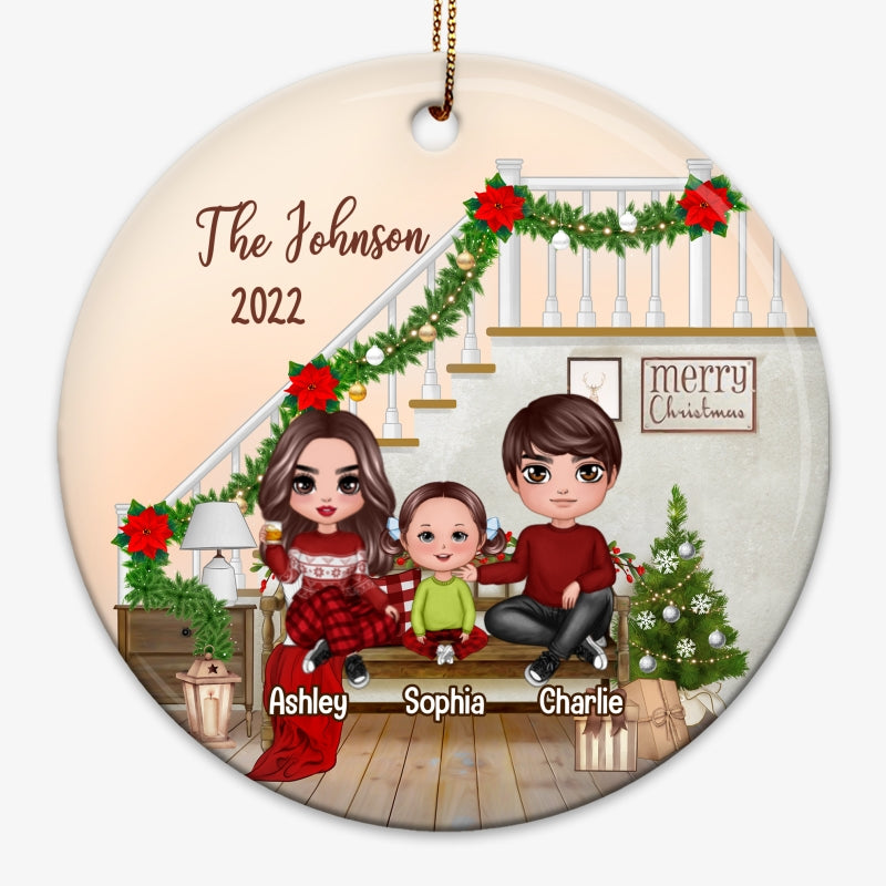Family Sitting Stairs Christmas Personalized Circle Ornament