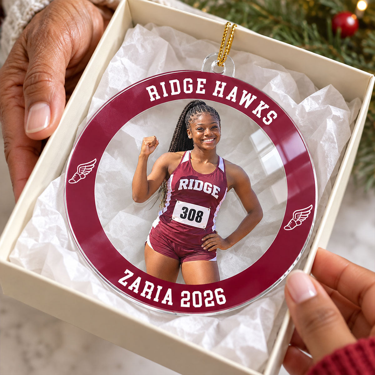 Custom Photo Flag Track & Field - Personalized Acrylic Ornament - Track & Field Keepsake, Christmas Gift for Daughter, Son, Grandkids