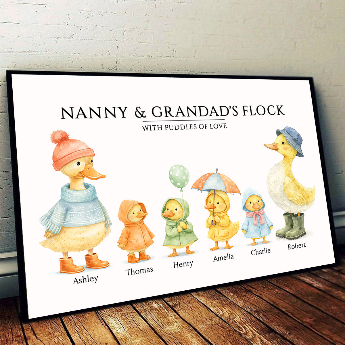 Grandparents Grandma Grandad's Flock with Puddles of Love - Personalised Poster - Gift for Grandma