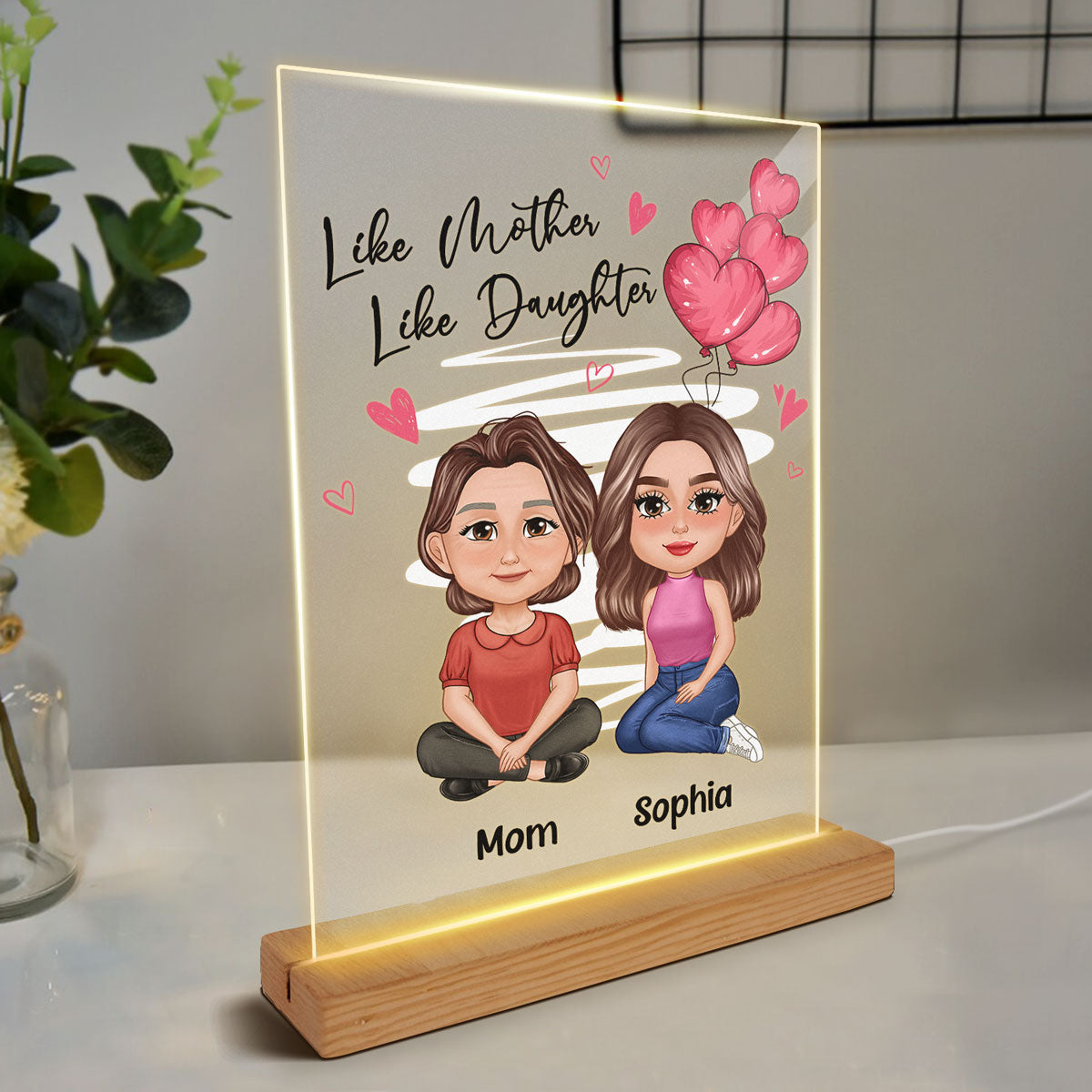 Pink Heart Like Mother Like Daughter Pretty Doll Personalized Acrylic LED Night Light
