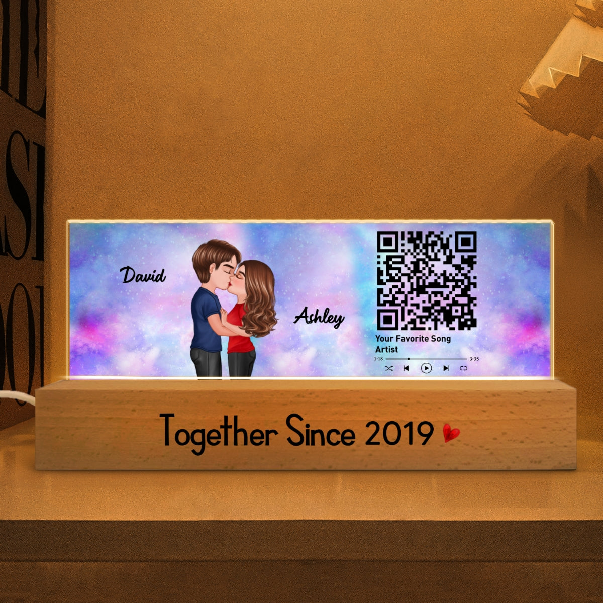 Couple Kissing, Favorite Song Scannable QR Code Personalized Acrylic LED Night Light, Anniversary, Just Because Gift For Her, Gift For Him