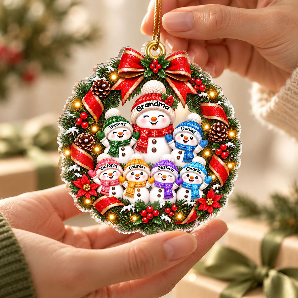 Festive Grandma & Grandkids Snowman Wreath 2D Flat – Personalized Acrylic Ornament - Christmas Gift For Grandma, Grandparents & Family