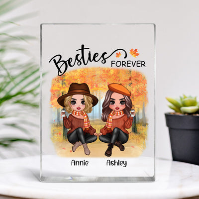 Doll Best Friends Besties Sitting Fall Season Personalized Rectangle Acrylic Block Plaque
