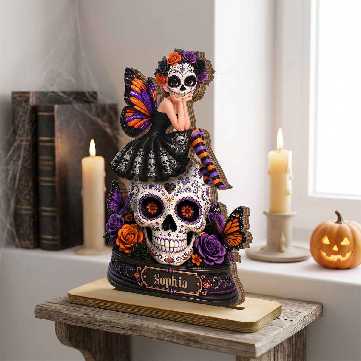 Sugar Skull Girl 2D Flat - Personalized Wooden Plaque - Halloween Decoration
