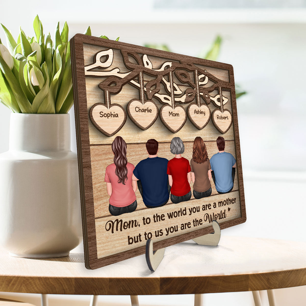 Back View Mom And Daughters Sons Sitting Under Heart Tree Gift For Mom Personalized 2-Layer Wooden Plaque