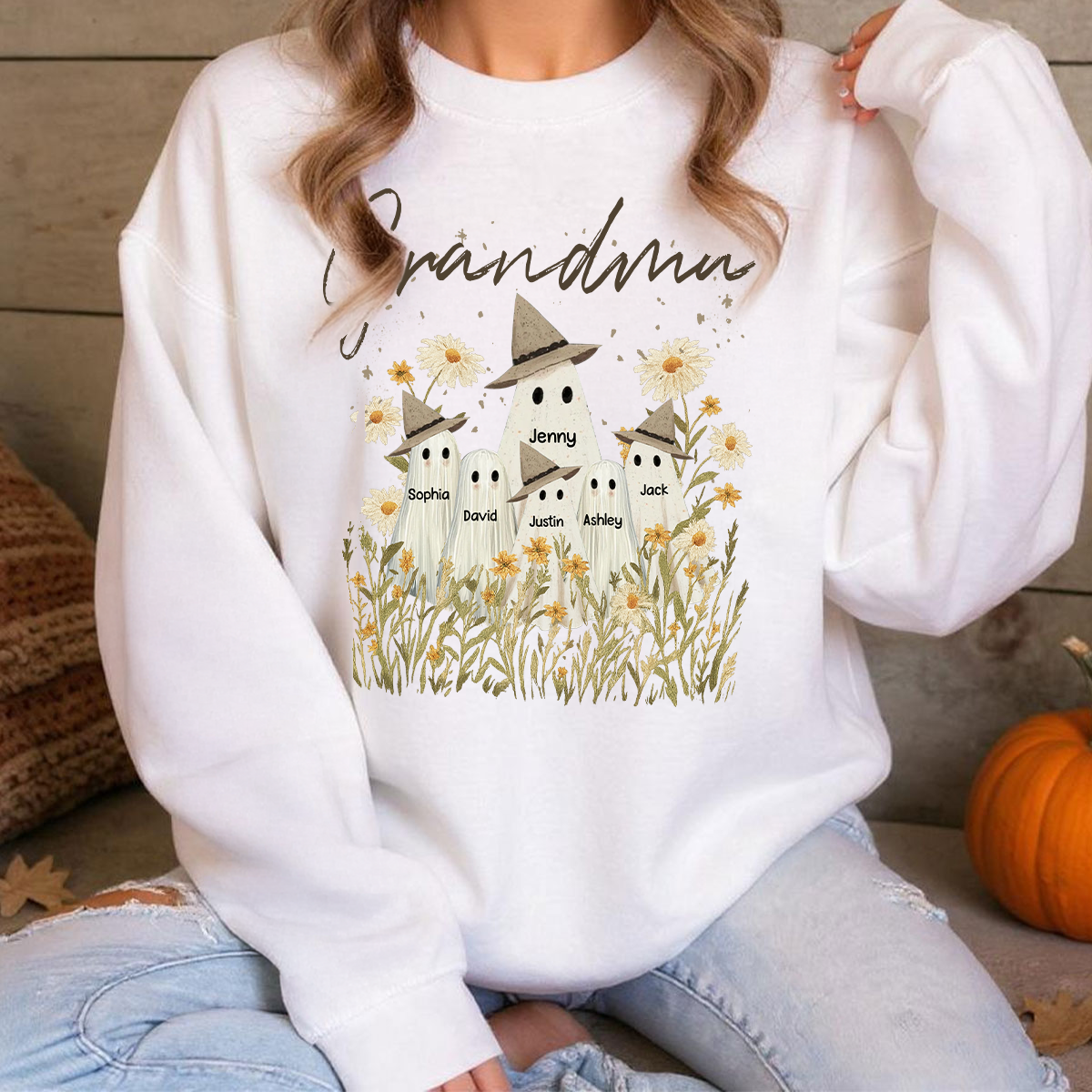 Cute Ghost Grandma And Kids In Wildflowers Spooky Fall Personalized Sweatshirt