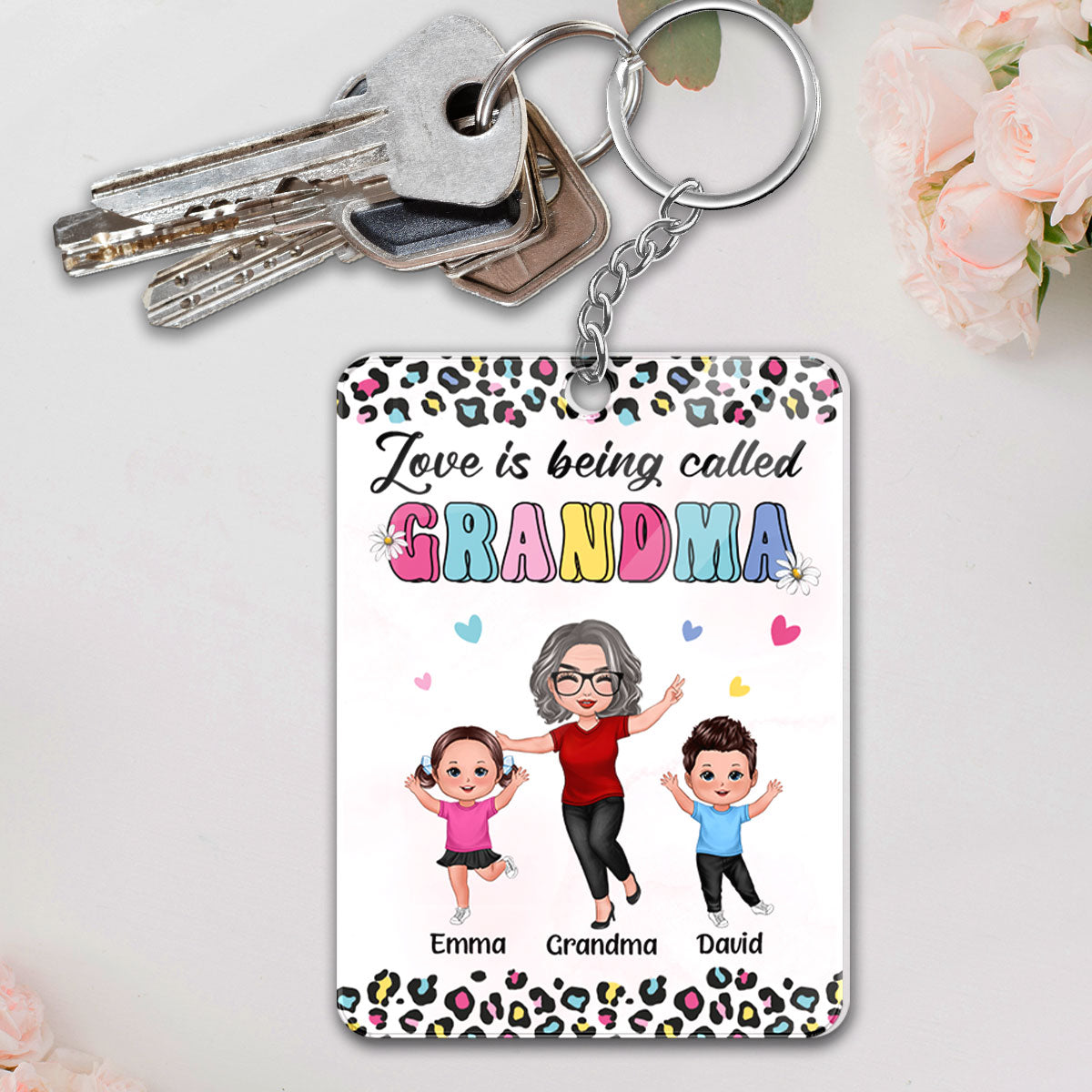 Colorful Leopard Happy Doll Grandma Grandkids Personalized Acrylic Keychain