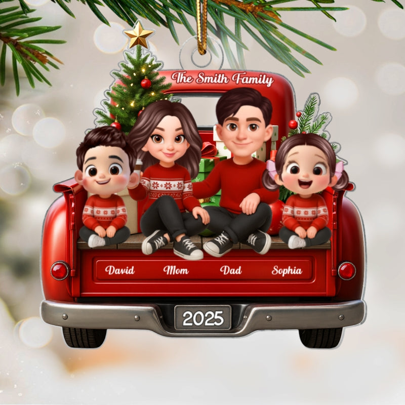 Family Sitting On Christmas Truck Personalized Acrylic Ornament, Christmas Gift for Husband, Wife