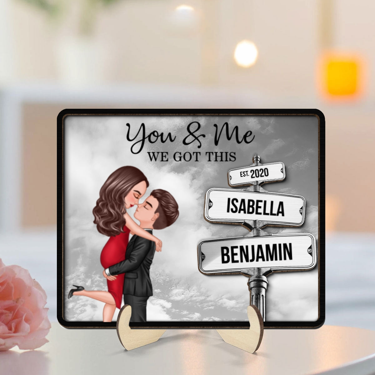 Couple Hugging Milestone Together Personalized Crossroads Street Sign 2-Layered Wooden Plaque, Best Home Bedroom Desk Decor For Couples,  Gift For Her, For Him