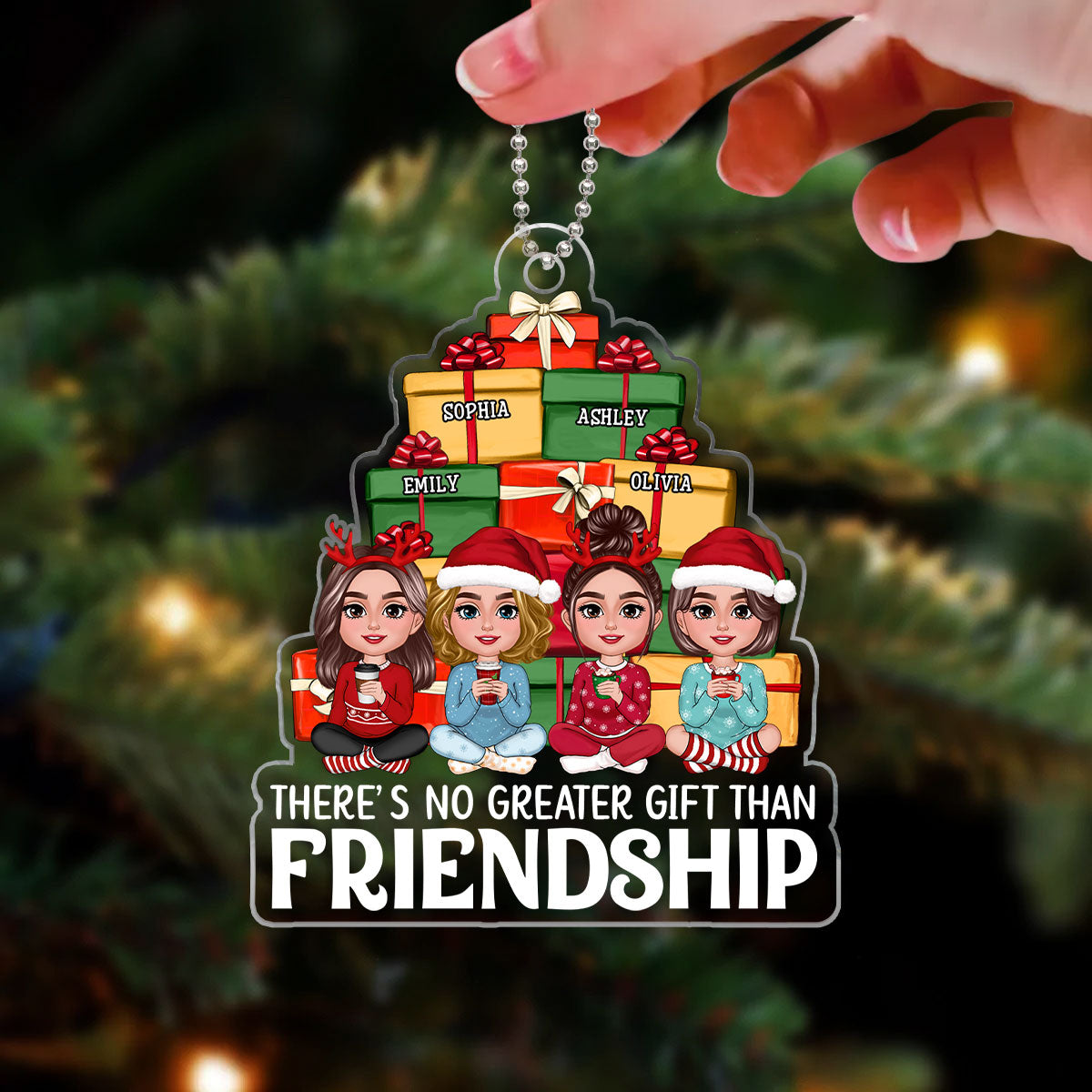 Besties Sisters Sitting Front Christmas Gift Pile Personalized Acrylic Ornament