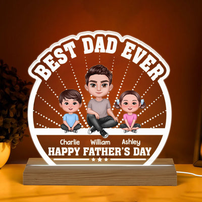 Best Dad Ever Doll Man Sitting With Kids Dog Cat Personalized Custom Shaped Acrylic Plaque With Warm LED Night Light