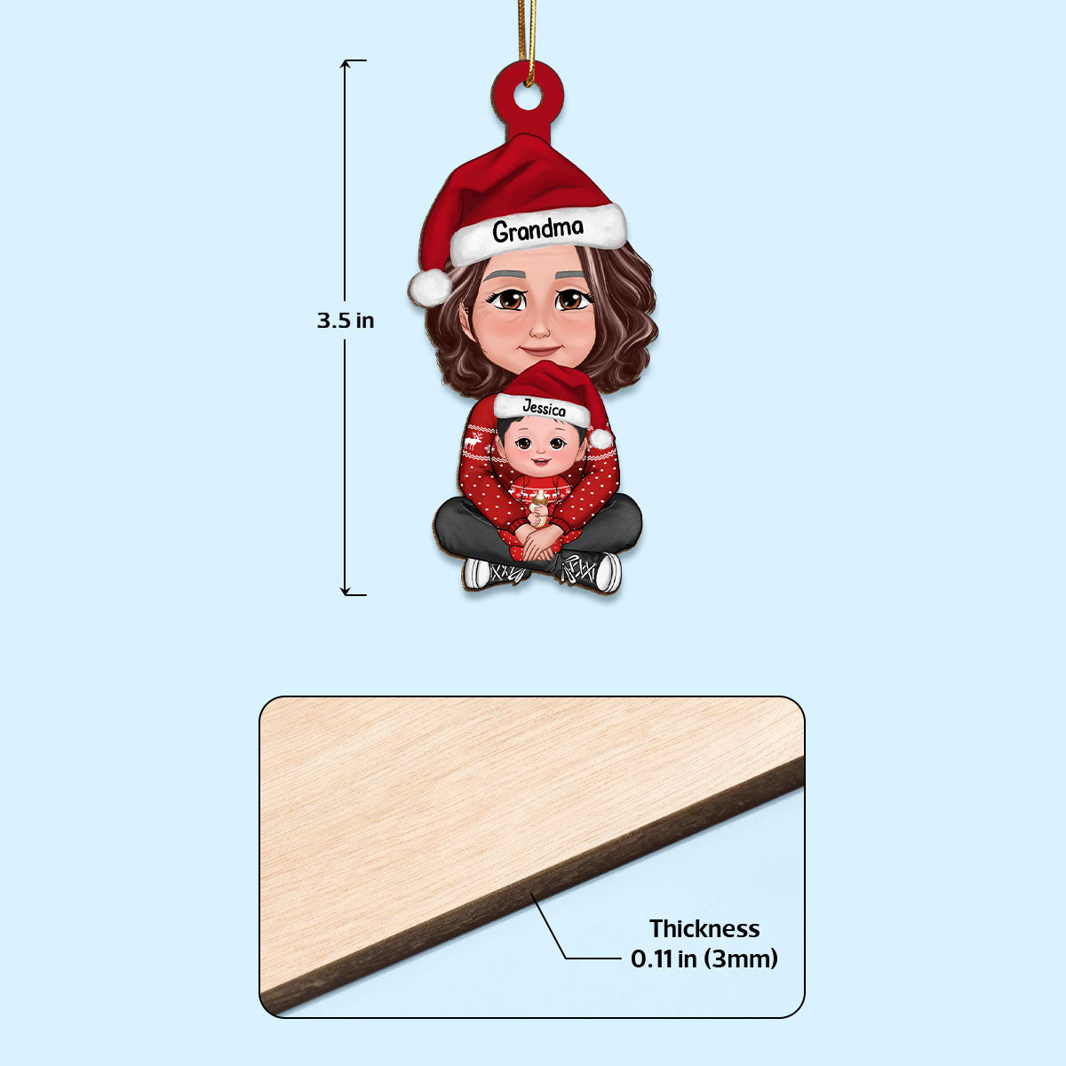 Cute Grandma Granddaughter Grandson Crossed Legs Personalized Wooden Ornament