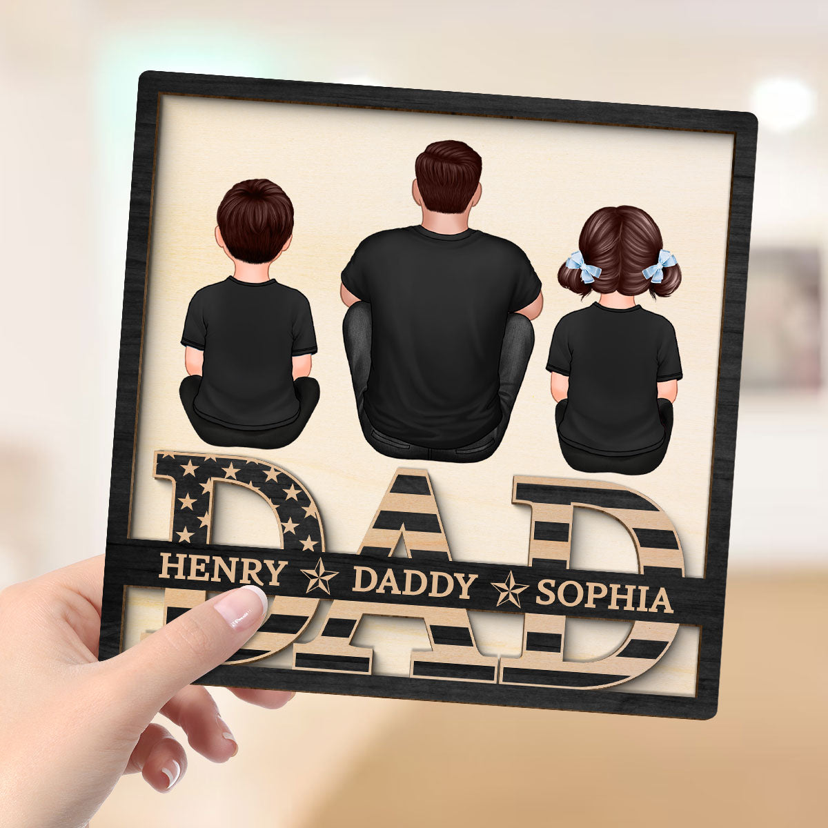 Grandpa Dad Kids Sitting On Text Nation Flag Personalized 2-Layer Wooden Plaque