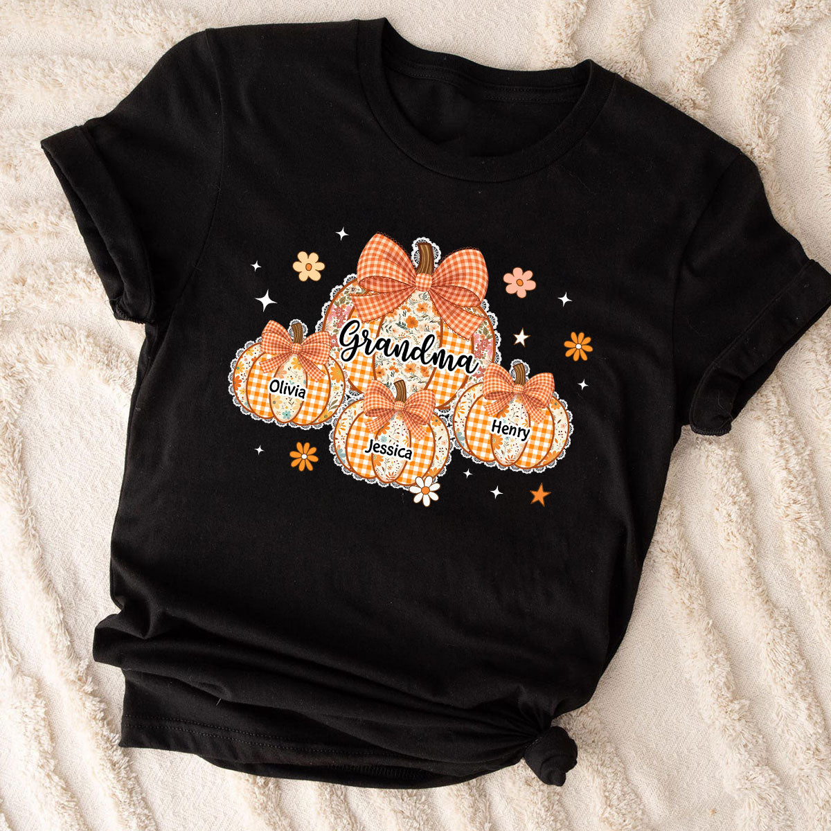 Lace Pattern Grandma Custom Pumpkins With Kids Names - Personalized Shirt - Gift For Grandmas, Fall Vibe Cozy Shirt