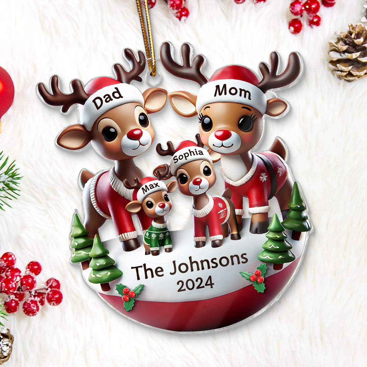 Reindeer Family 3D Effect Cute Christmas Decor Personalized Acrylic Ornament
