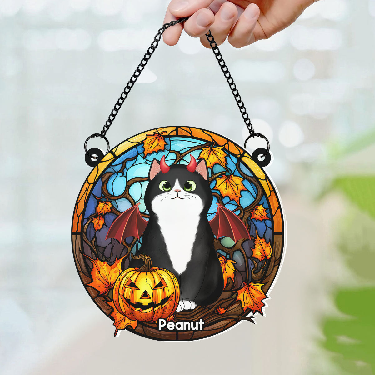 Cat Halloween Personalized Suncatcher, Window Hanger, Halloween Decor