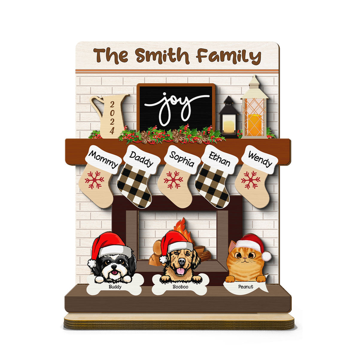 Family With Dog Cat Stockings Fireplace Personalized 2-Layer Standing Wooden Plaque, Christmas Mantle Table Topper